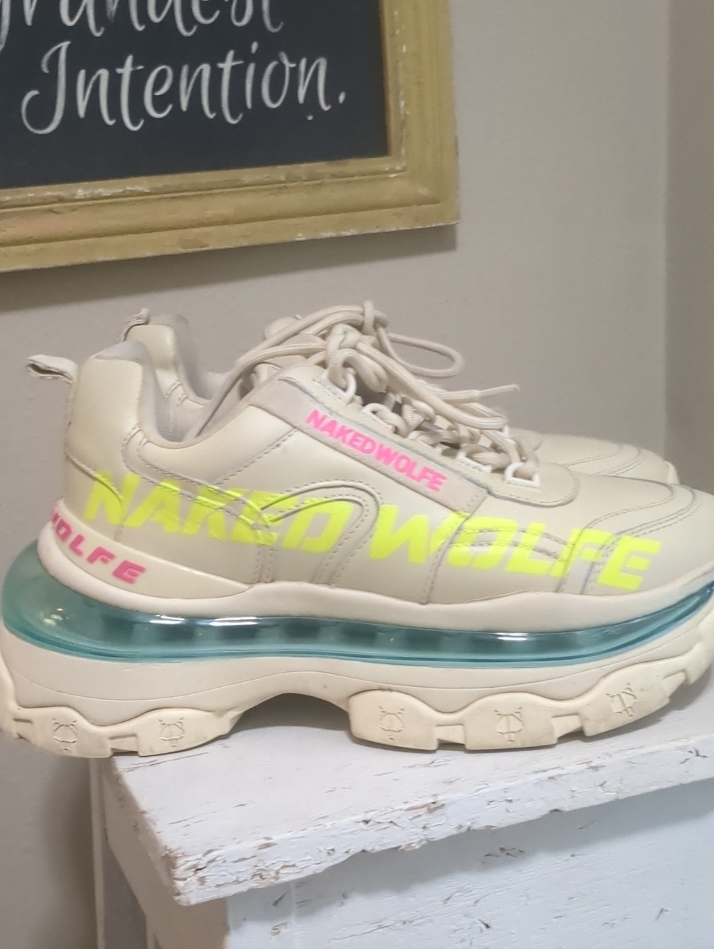 Naked Wolfe Cream Platform Sneakers with Neon Yellow & Pink Accents